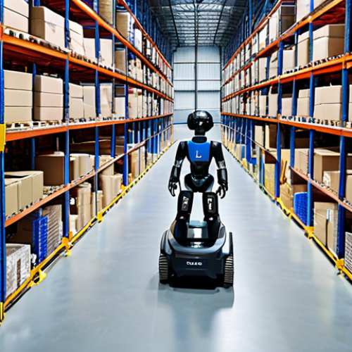 Home 7 **Prompt:** A high-tech, automated logistics warehouse in France. Autonomous mobile robots (AMRs) are efficiently moving goods, while drones conduct inventory checks overhead. Human workers in modern uniforms are collaborating with the robotic systems, possibly interacting with AR displays or wearing light exoskeletons, symbolizing 'augmented human' capabilities. The setting is clean, well-lit, and futuristic, emphasizing efficiency and the synergy between advanced technology and human intelligence in a French industrial context. Cinematic lighting, wide shot.