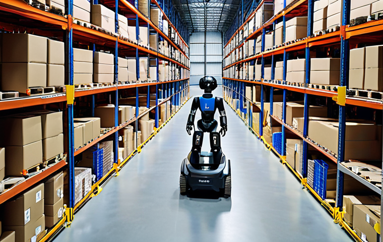 **Prompt:** A high-tech, automated logistics warehouse in France. Autonomous mobile robots (AMRs) are efficiently moving goods, while drones conduct inventory checks overhead. Human workers in modern uniforms are collaborating with the robotic systems, possibly interacting with AR displays or wearing light exoskeletons, symbolizing 'augmented human' capabilities. The setting is clean, well-lit, and futuristic, emphasizing efficiency and the synergy between advanced technology and human intelligence in a French industrial context. Cinematic lighting, wide shot.