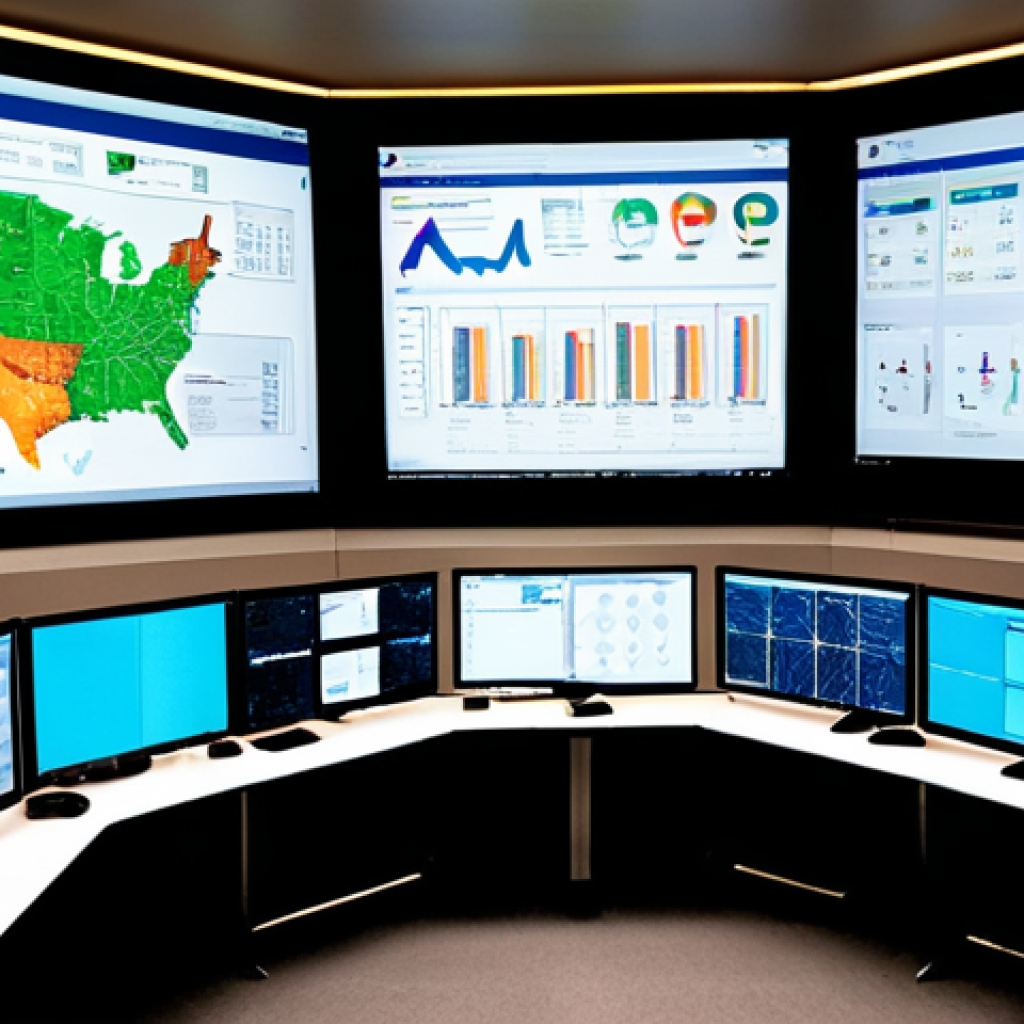 **Prompt:** Modern, brightly lit control center. Large monitors display complex real-time supply chain data visualizations. Diverse team collaborates, focusing on dashboards and predictive analytics. Emphasize efficiency, technology, and data-driven decision-making.