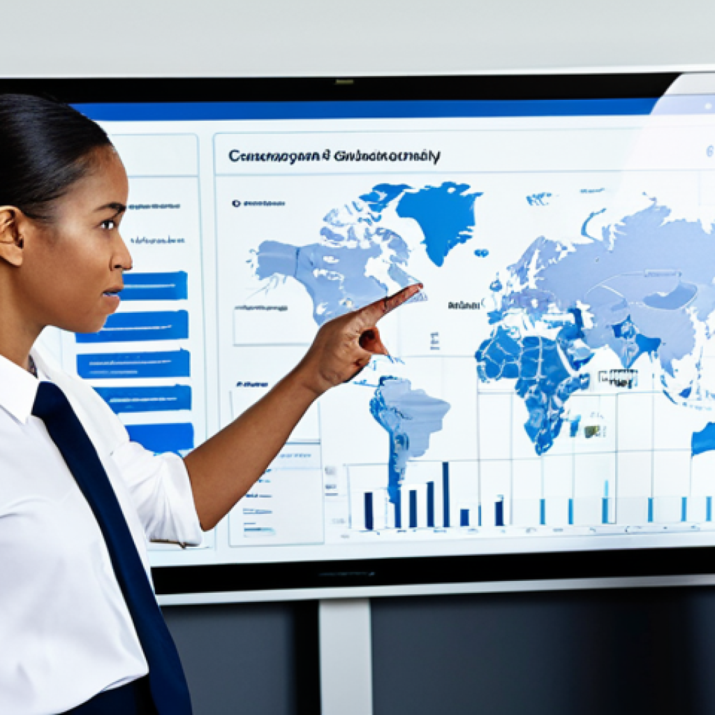 A diverse team of professional supply chain managers, fully clothed in appropriate business attire, stands around a large screen displaying a detailed value stream map. One manager points to a bottleneck on the map, indicating collaborative problem-solving and waste detection. The modern office background features subtle digital dashboards and a clean, organized aesthetic. The image emphasizes perfect anatomy, correct proportions, natural poses, well-formed hands, proper finger count, and natural body proportions. safe for work, appropriate content, fully clothed, professional, modest.