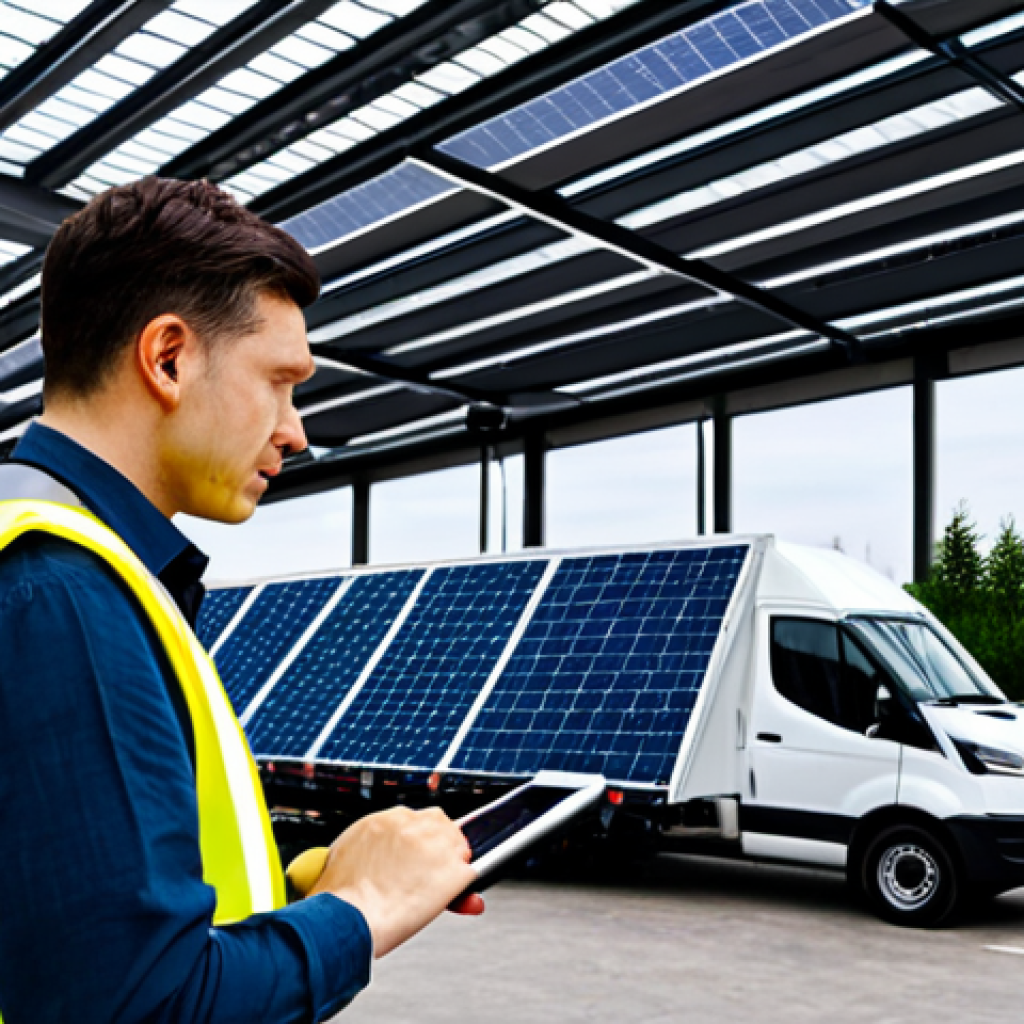 A professional supply chain manager, fully clothed in a modest business casual outfit, stands in a modern, sustainable logistics hub. The background features electric delivery vans parked near charging stations, a section of the warehouse roof with visible solar panels, and large digital screens displaying real-time data analytics, demonstrating optimized routes and reduced carbon emissions. The manager is looking at a tablet, making an informed decision. The scene embodies efficiency and environmental responsibility. safe for work, appropriate content, family-friendly, perfect anatomy, correct proportions, natural pose, well-formed hands, proper finger count, natural body proportions, professional photography, high quality.