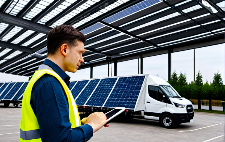A professional supply chain manager, fully clothed in a modest business casual outfit, stands in a modern, sustainable logistics hub. The background features electric delivery vans parked near charging stations, a section of the warehouse roof with visible solar panels, and large digital screens displaying real-time data analytics, demonstrating optimized routes and reduced carbon emissions. The manager is looking at a tablet, making an informed decision. The scene embodies efficiency and environmental responsibility. safe for work, appropriate content, family-friendly, perfect anatomy, correct proportions, natural pose, well-formed hands, proper finger count, natural body proportions, professional photography, high quality.