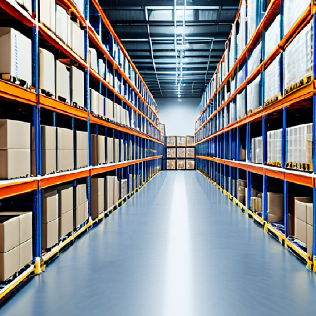 **
A modern, brightly lit logistics warehouse. Shelves are neatly organized with diverse products. Robotic arms move efficiently, picking and placing items. In the background, a screen displays real-time data and analytics. Conveyor belts move packages quickly. The overall feeling is efficient, high-tech, and organized. "Professional logistics," "modern warehouse," "supply chain," "efficiency," "safe for work," "appropriate content," "fully clothed," "professional."
**