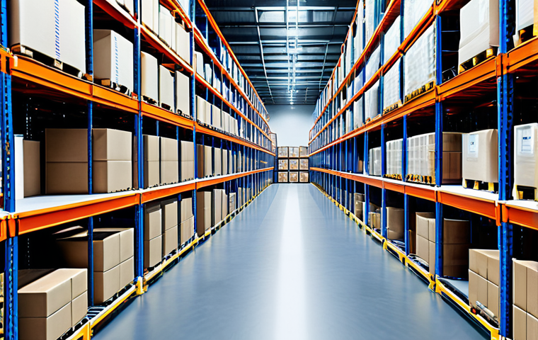 **
A modern, brightly lit logistics warehouse. Shelves are neatly organized with diverse products. Robotic arms move efficiently, picking and placing items. In the background, a screen displays real-time data and analytics. Conveyor belts move packages quickly. The overall feeling is efficient, high-tech, and organized. "Professional logistics," "modern warehouse," "supply chain," "efficiency," "safe for work," "appropriate content," "fully clothed," "professional."
**