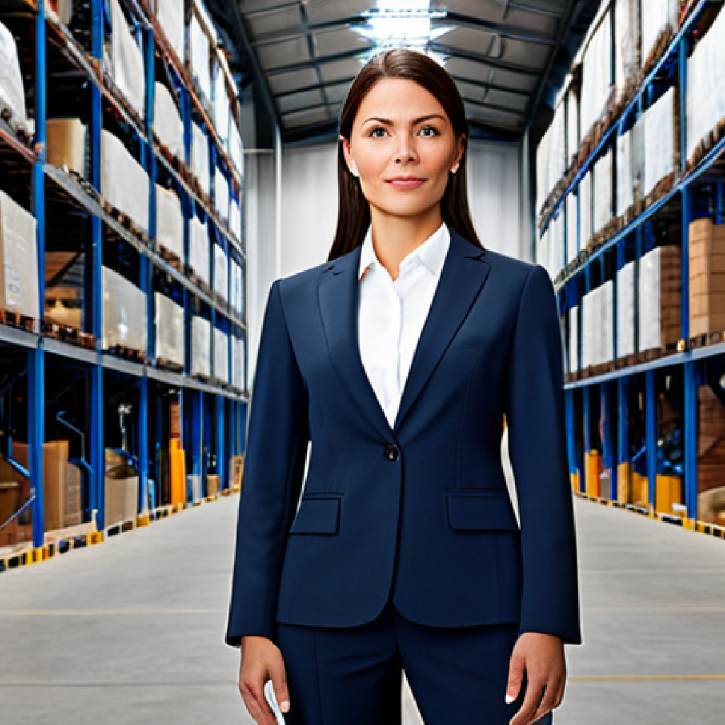 **
"A professional woman in a tailored business suit, standing confidently in front of a modern logistics warehouse, fully clothed, appropriate attire, safe for work, perfect anatomy, natural proportions, professional business portrait, high quality, family-friendly."
**