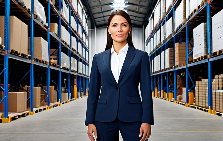 **
"A professional woman in a tailored business suit, standing confidently in front of a modern logistics warehouse, fully clothed, appropriate attire, safe for work, perfect anatomy, natural proportions, professional business portrait, high quality, family-friendly."
**