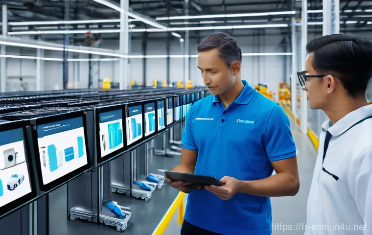 공급망관리에서의 물류 네트워크 구축 - **Prompt 1: Automated Smart Warehouse with Human Oversight**
"A vibrant, high-tech logistics war...