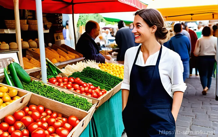공급망관리와 윤리적 문제 해결 - A thoughtful and modern scene set within a bustling French supermarket aisle. A young adult, casuall...