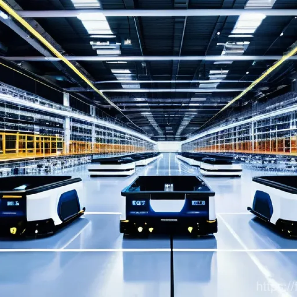 SCM와 로봇 자동화의 미래 - **"The Silent Symphony of an Automated Warehouse"**: A wide-angle, high-definition shot capturing th...