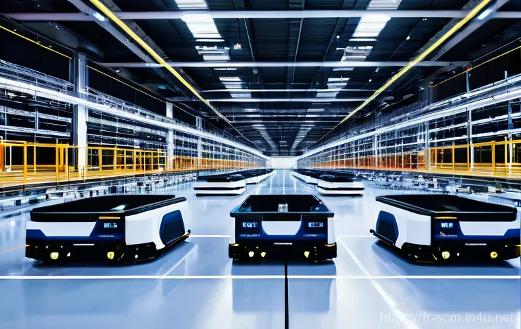 SCM와 로봇 자동화의 미래 - **"The Silent Symphony of an Automated Warehouse"**: A wide-angle, high-definition shot capturing th...