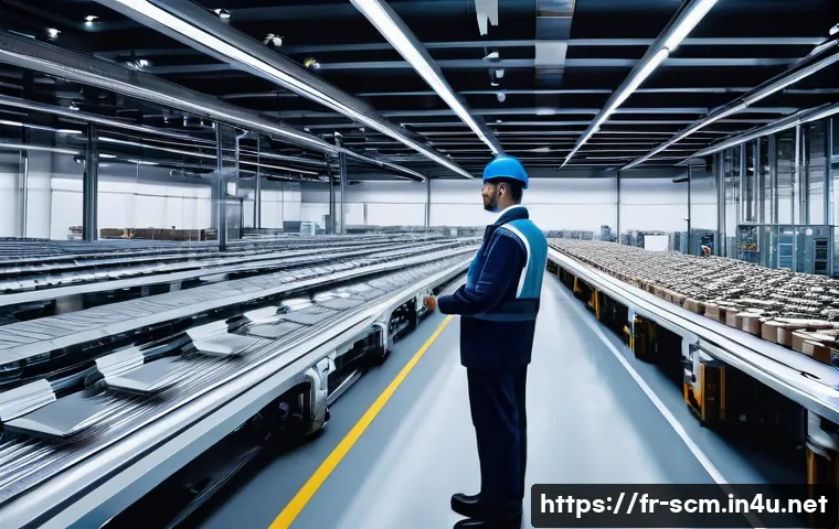 공급망관리 실무에서의 기술 적용 사례 - **Prompt:** A futuristic, bright "smart warehouse" located in a major European logistics hub, simila...