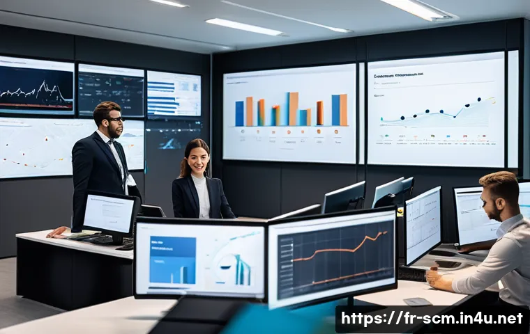 공급망관리와 데이터 중심 의사결정 - A modern French logistics control room with diverse professionals analyzing real-time data dashboard...