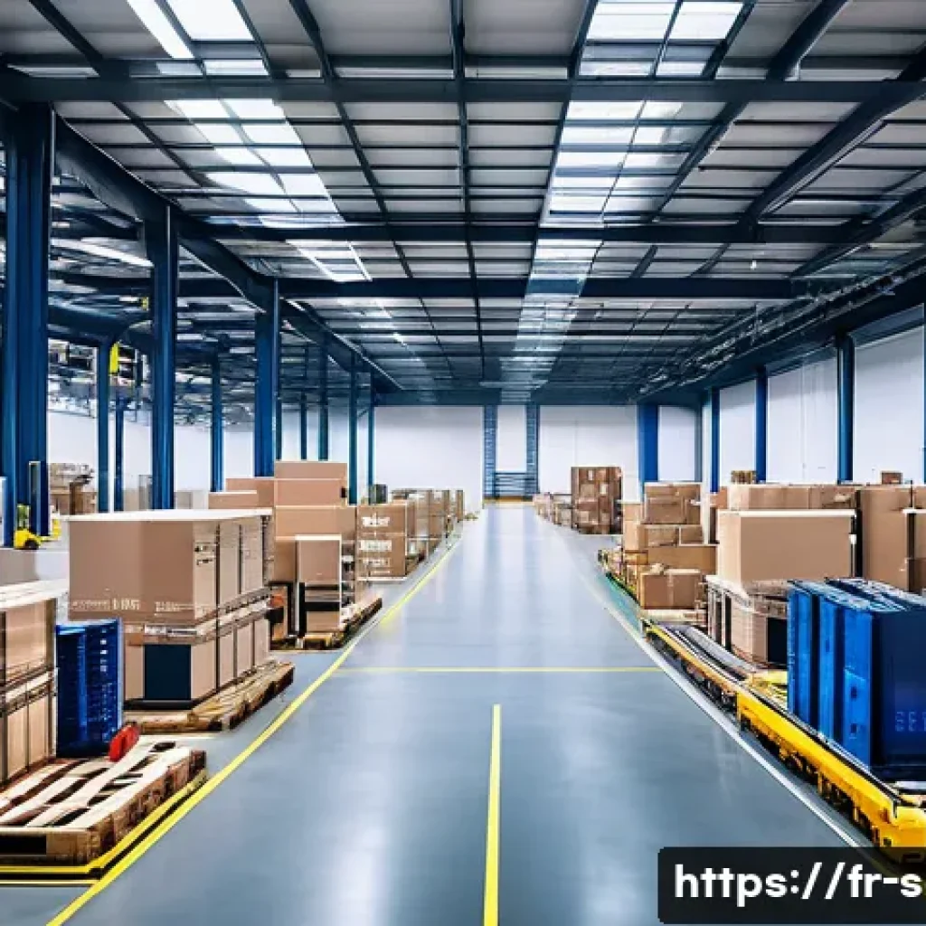 공급망관리와 제조 혁신 사례 - A modern French industrial warehouse showcasing smart logistics technology: visible IoT sensors atta...