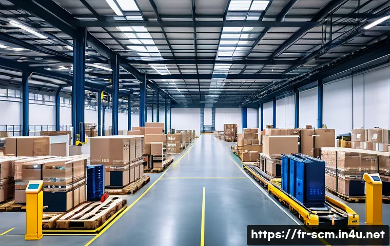 공급망관리와 제조 혁신 사례 - A modern French industrial warehouse showcasing smart logistics technology: visible IoT sensors atta...