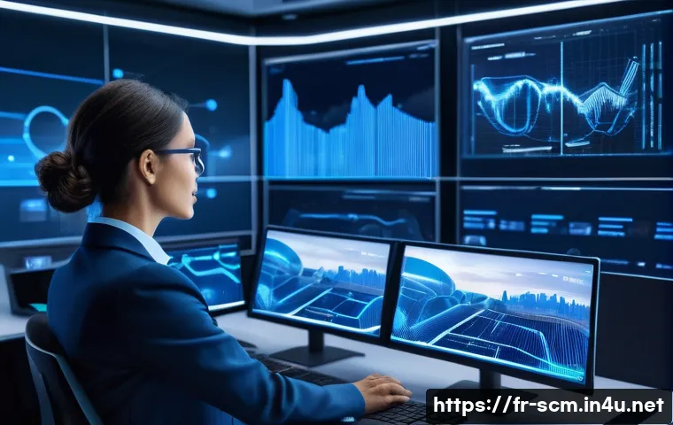 공급망관리 관련 주요 산업 동향 - A futuristic supply chain control room in Paris, featuring diverse professionals analyzing real-time...