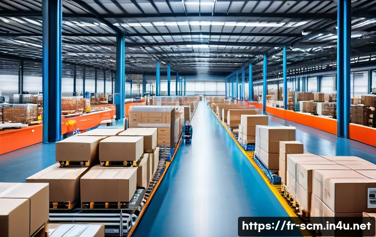 공급망관리와 물류 파트너십 구축 - A modern logistics warehouse interior bustling with activity: diverse workers in smart casual attire...