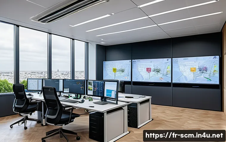 SCM 전문성과 협상 능력 향상 - A modern, high-tech supply chain control room in a French corporate office, featuring diverse profes...
