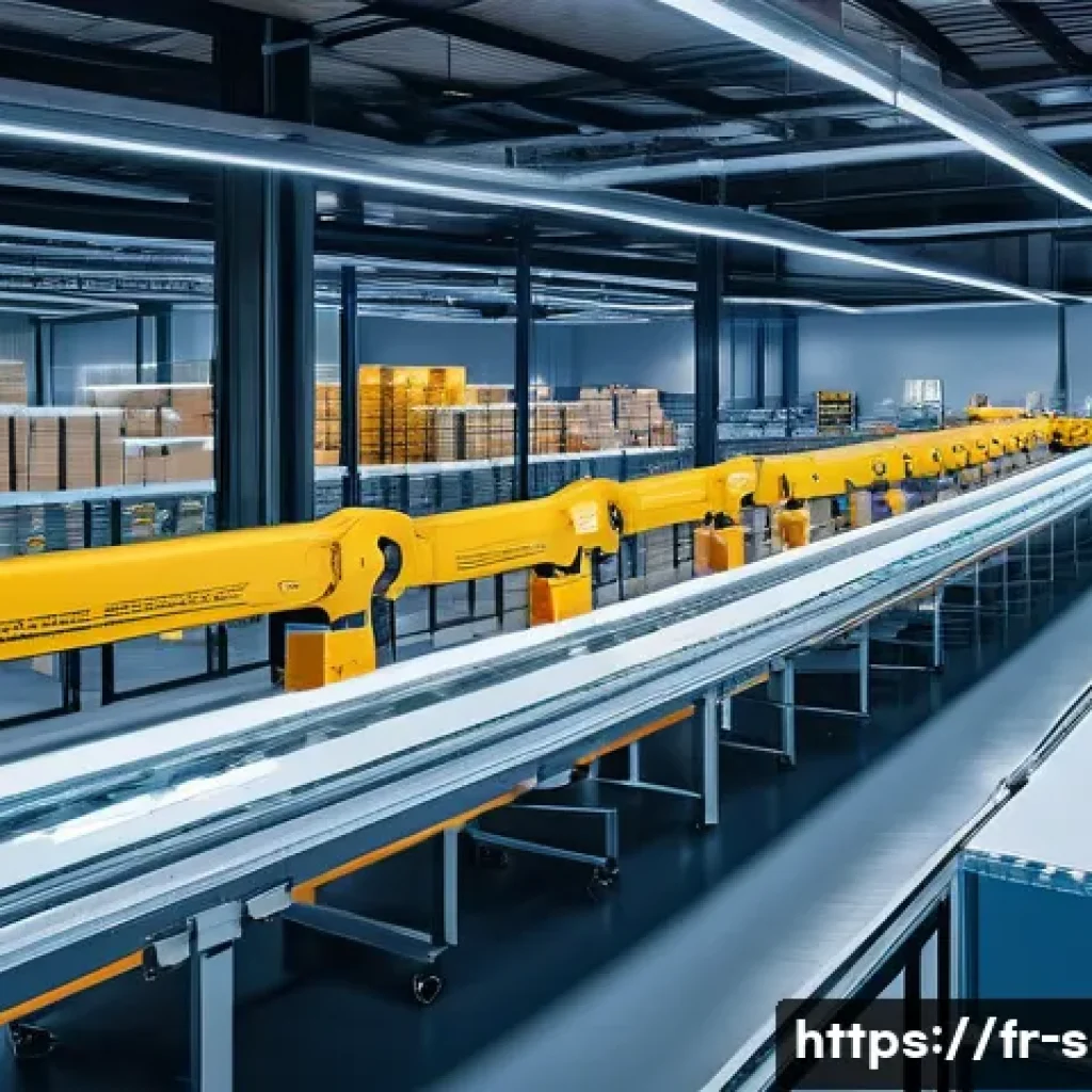 SCM 실무에서의 주요 과제와 해결법 - A high-tech logistics warehouse scene showing automated robotic arms and conveyor belts efficiently ...
