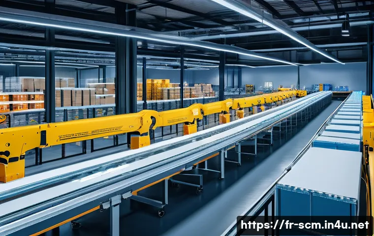 SCM 실무에서의 주요 과제와 해결법 - A high-tech logistics warehouse scene showing automated robotic arms and conveyor belts efficiently ...
