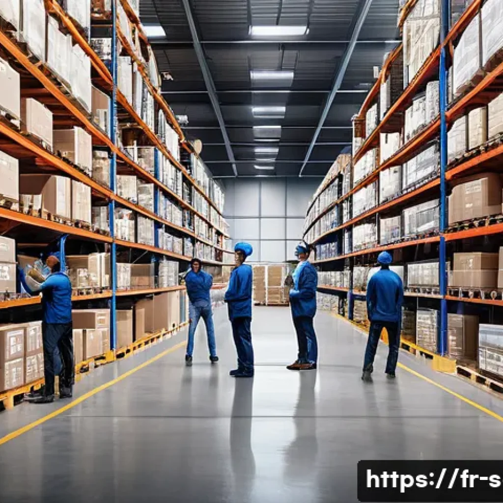 SCM 전문가의 실무 전략 - A modern warehouse interior showcasing dynamic stock management: diverse employees of various ethnic...