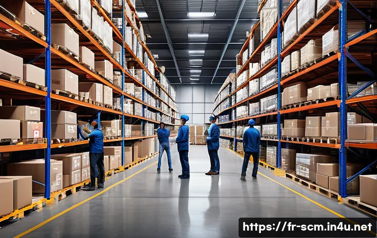 SCM 전문가의 실무 전략 - A modern warehouse interior showcasing dynamic stock management: diverse employees of various ethnic...