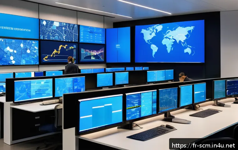 SCM와 지속 가능한 공급망 구축 - A modern logistics control room in a French company, featuring diverse professionals collaborating a...