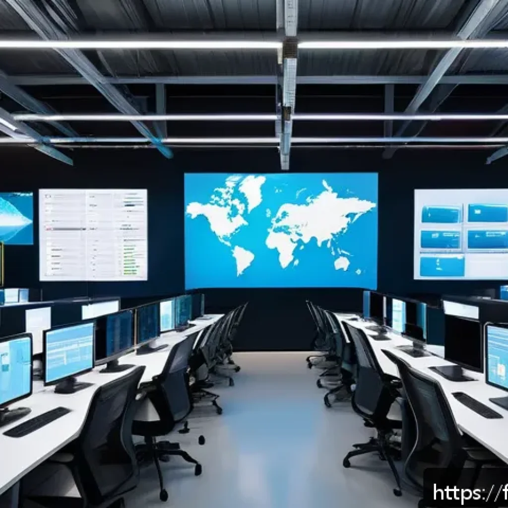 SCM 전문가의 하루 일과 - A high-tech logistics control room in a modern European warehouse, featuring large digital screens d...