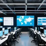 SCM 전문가의 하루 일과 - A high-tech logistics control room in a modern European warehouse, featuring large digital screens d...