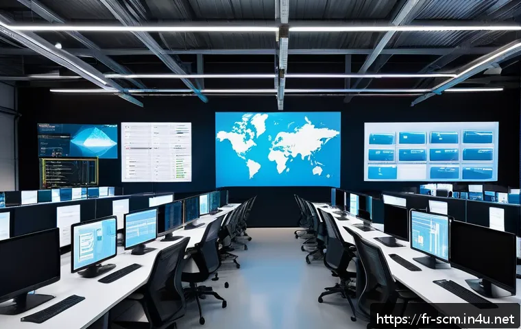 SCM 전문가의 하루 일과 - A high-tech logistics control room in a modern European warehouse, featuring large digital screens d...
