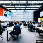 SCM 자격증의 진로별 활용법 - A professional business conference scene set in a modern Parisian convention center, featuring diver...