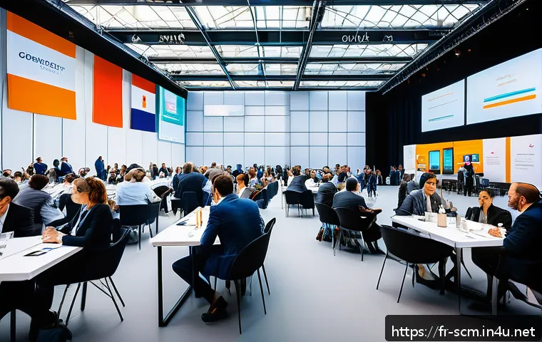 SCM 자격증의 진로별 활용법 - A professional business conference scene set in a modern Parisian convention center, featuring diver...