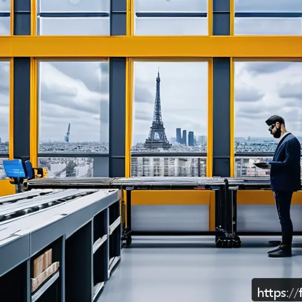 SCM 실무에서 자주 쓰이는 툴 - A modern French logistics warehouse interior featuring autonomous mobile robots and automated convey...