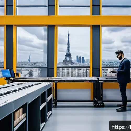 SCM 실무에서 자주 쓰이는 툴 - A modern French logistics warehouse interior featuring autonomous mobile robots and automated convey...