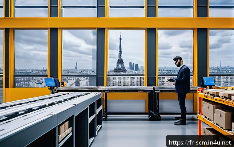 SCM 실무에서 자주 쓰이는 툴 - A modern French logistics warehouse interior featuring autonomous mobile robots and automated convey...