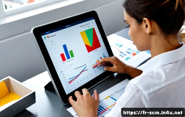 SCM 전문가들이 추천하는 도구 - Photorealistic supply chain specialist in a modern Paris office, reviewing a clean tablet dashboard ...