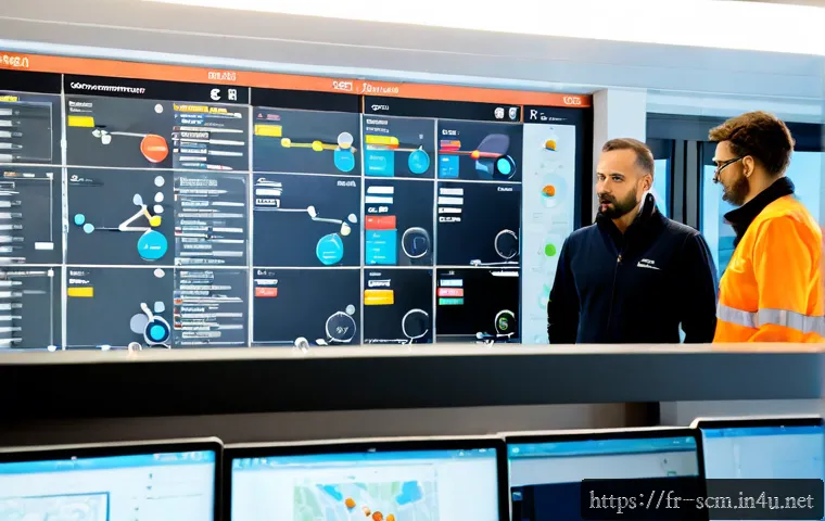 공급망관리 실무에서의 혁신적 접근 사례 - Photorealistic French supply chain control room in Lyon, diverse operations team collaborating aroun...