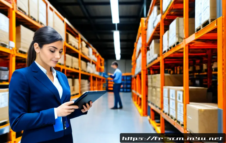 공급망관리와 데이터 분석 활용 - Photorealistic modern French distribution center, a supply chain manager in smart casual business at...